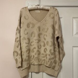 Amoli Beige Animal Print V-Neck Sweater